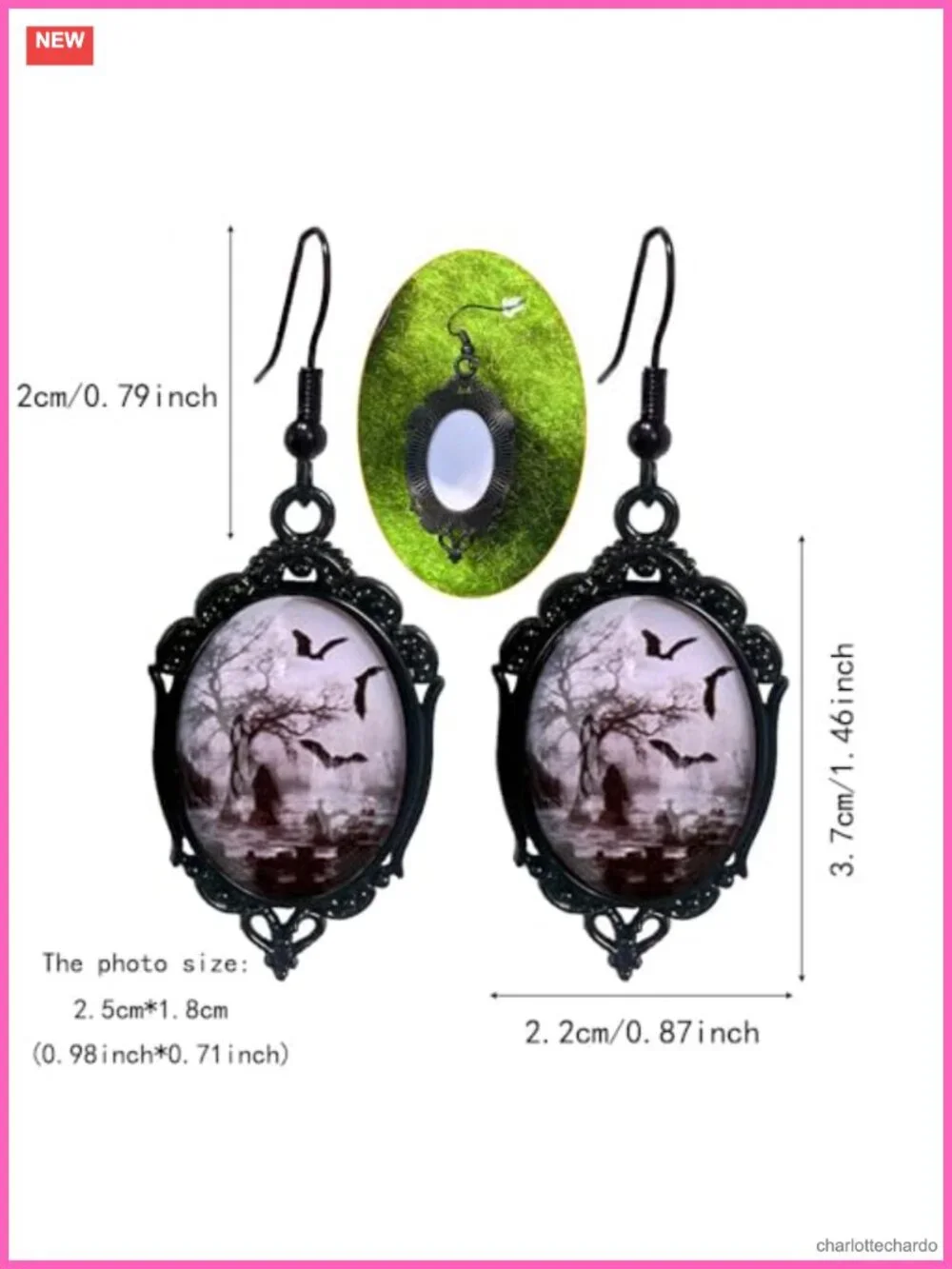Gothic Crystal Cameo Dangle Earrings Victorian Bat Witch Halloween Jewelry